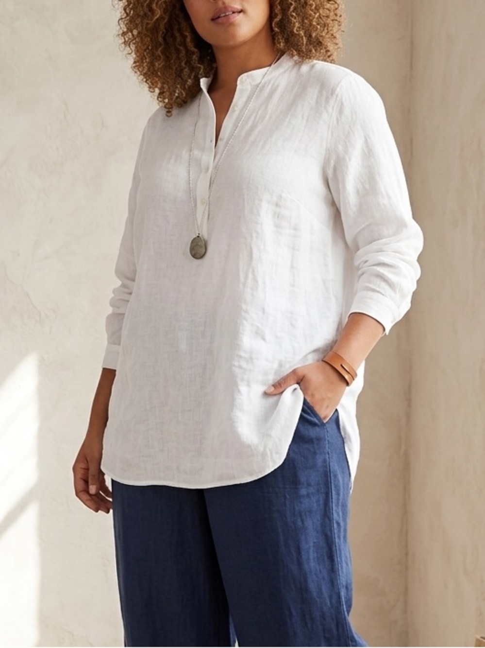 NEW Miniature Auroville 100% Linen White Mandarin Collar Tunic Top XXL Lagenlook